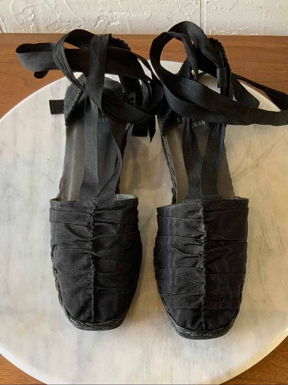 Stuart Weitzman Black Ruched Espadrille Wrap Flats